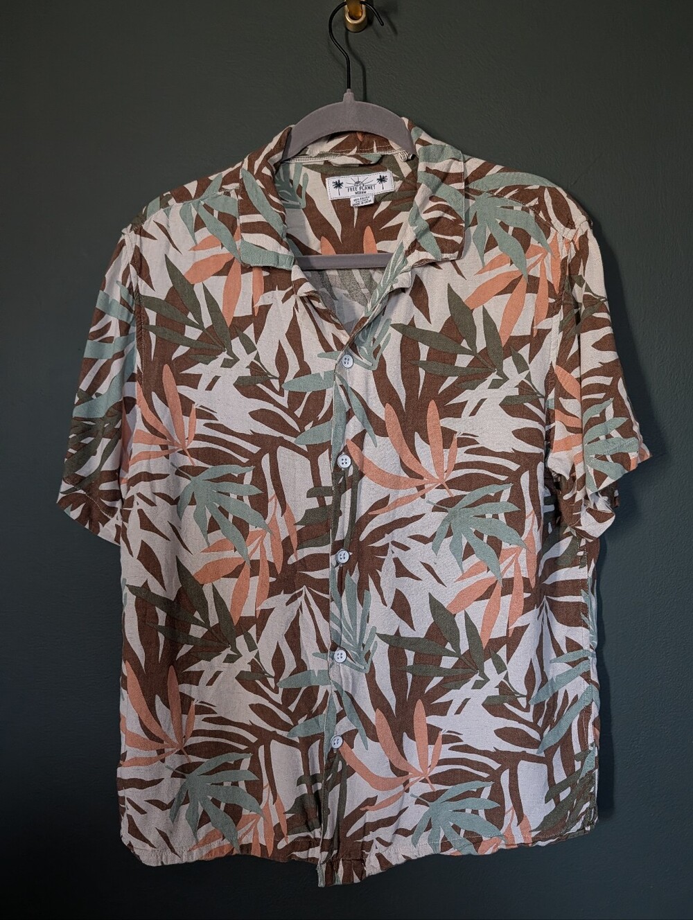 Free Planet Tropical Leaf Short Sleeve Button-Up - Brown/Green/Pink 0057